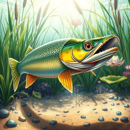 A highly detailed, stylized illustration of a pike fish, showcasing its vibrant colors and intricate scales, swimming gracefully underwater among lush aquatic plants
