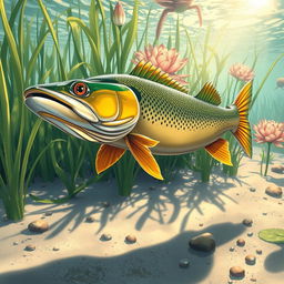 A highly detailed, stylized illustration of a pike fish, showcasing its vibrant colors and intricate scales, swimming gracefully underwater among lush aquatic plants