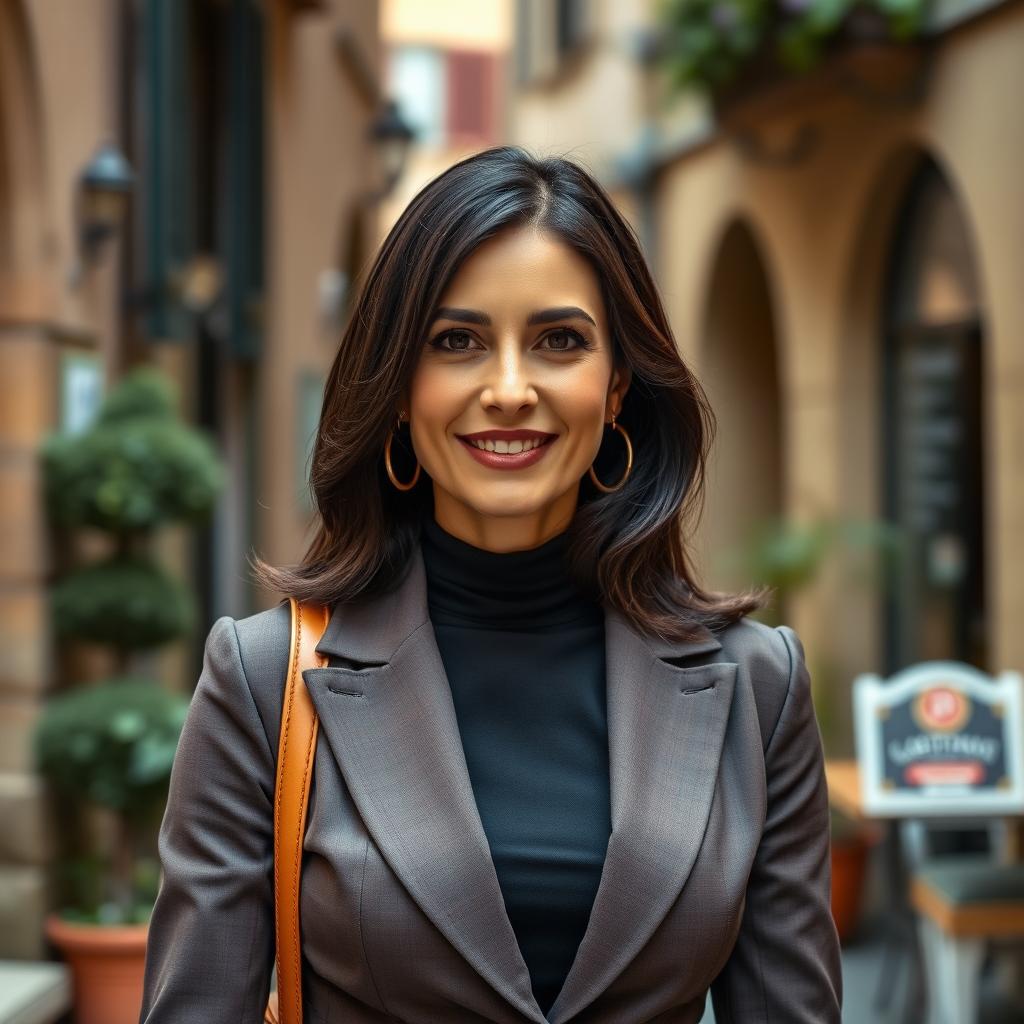 A 38-year-old woman with dark hair and Italian features, fully dressed in fashionable attire