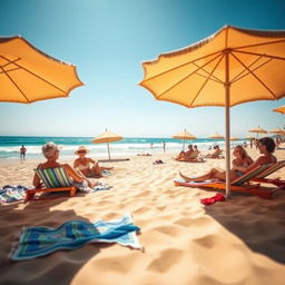 A serene and beautiful beach setting with soft golden sands and gentle waves lapping at the shore under a bright blue sky