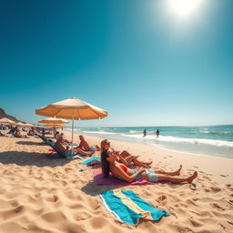 A serene and beautiful beach setting with soft golden sands and gentle waves lapping at the shore under a bright blue sky