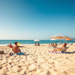 A serene and beautiful beach setting with soft golden sands and gentle waves lapping at the shore under a bright blue sky