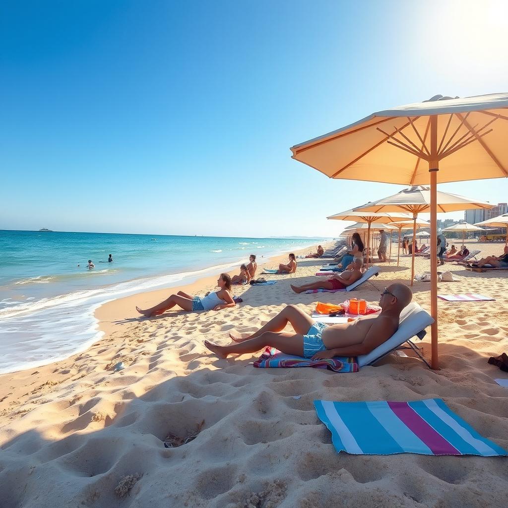 A serene and beautiful beach setting with soft golden sands and gentle waves lapping at the shore under a bright blue sky
