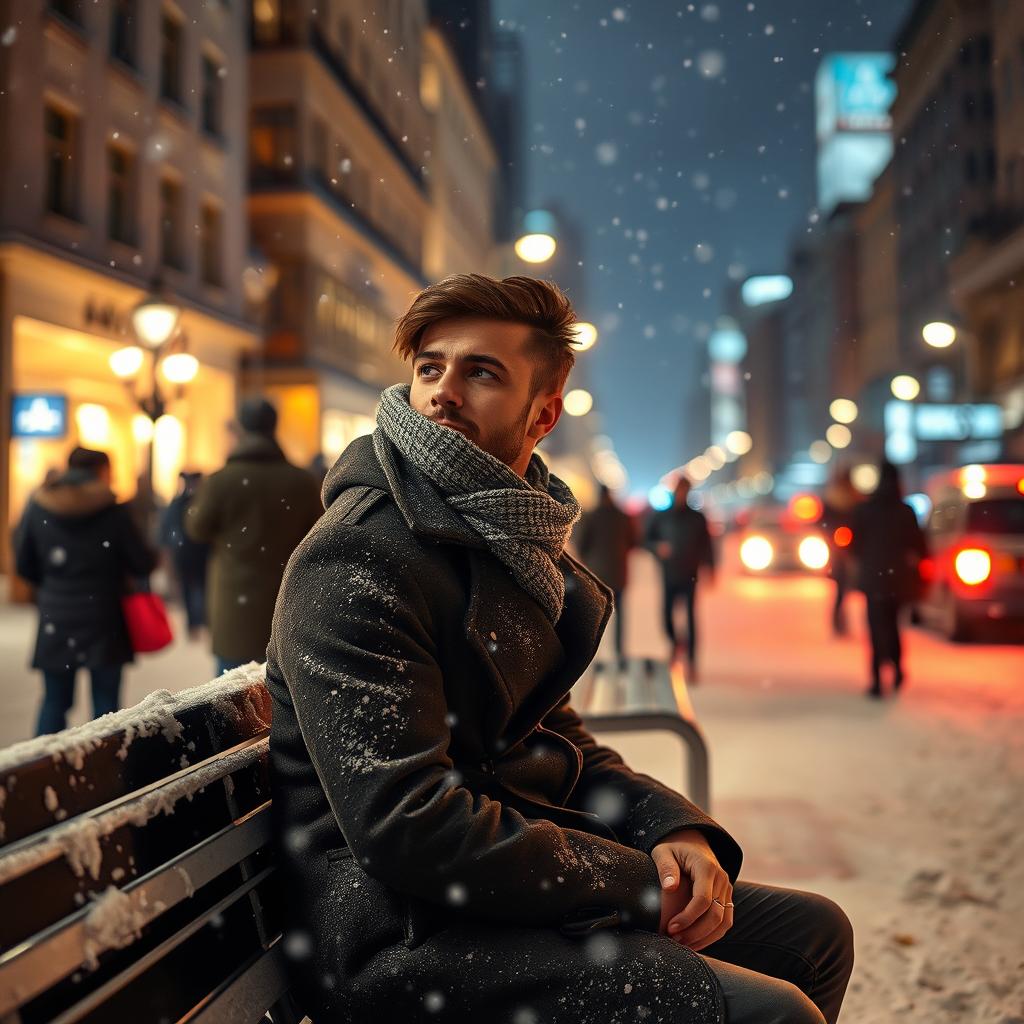 On a snowy winter night, in a vibrant and crowded city, a solitary man is sitting on a bench, dressed warmly in a stylish winter coat and scarf