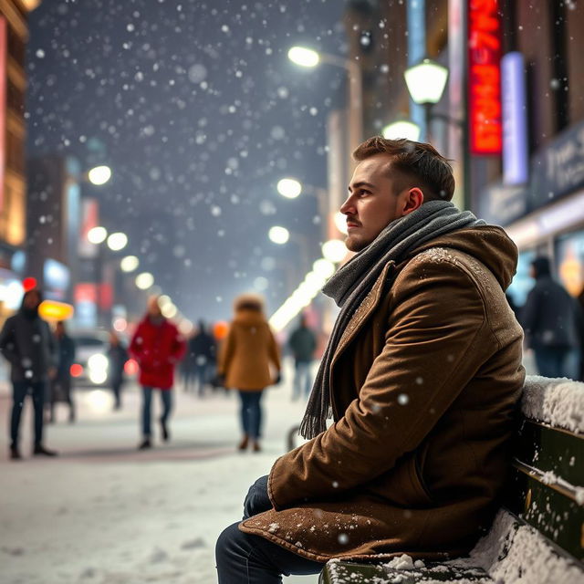 On a snowy winter night, in a vibrant and crowded city, a solitary man is sitting on a bench, dressed warmly in a stylish winter coat and scarf