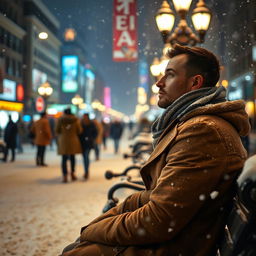 On a snowy winter night, in a vibrant and crowded city, a solitary man is sitting on a bench, dressed warmly in a stylish winter coat and scarf