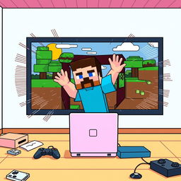 A surreal scene where a gamer is being sucked into a Minecraft screen, depicted in a bright and colorful 2D style