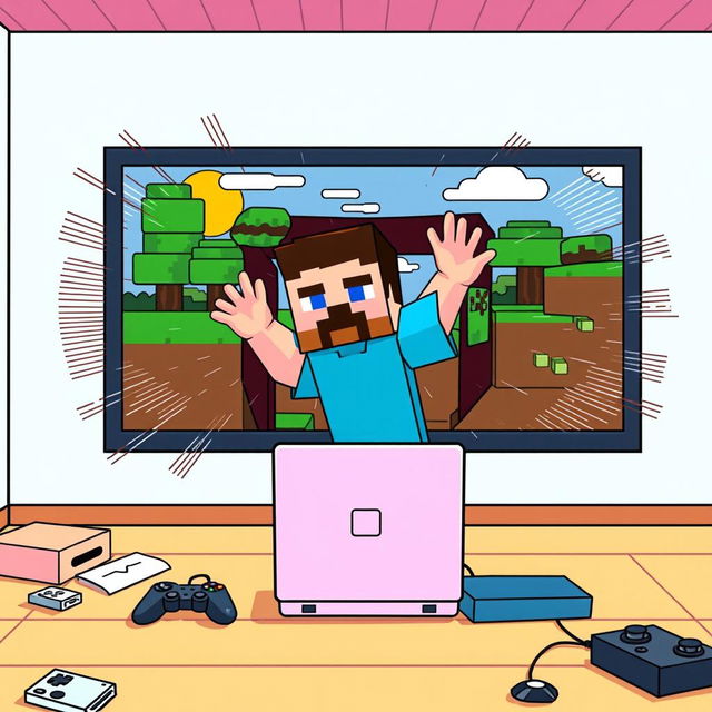 A surreal scene where a gamer is being sucked into a Minecraft screen, depicted in a bright and colorful 2D style