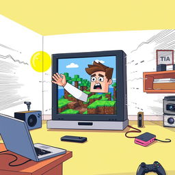 A surreal scene where a gamer is being sucked into a Minecraft screen, depicted in a bright and colorful 2D style