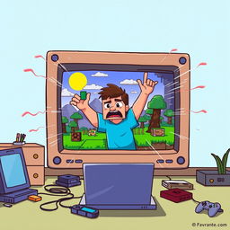 A surreal scene where a gamer is being sucked into a Minecraft screen, depicted in a bright and colorful 2D style