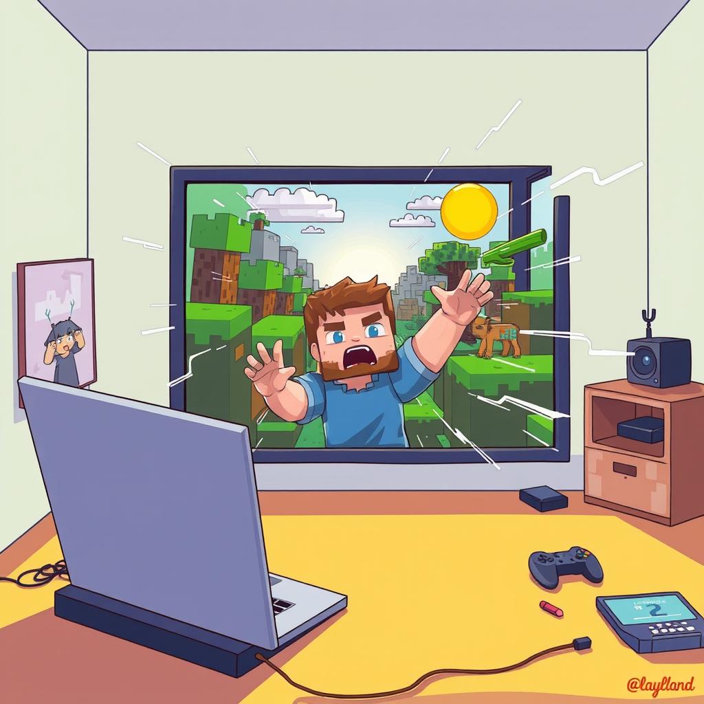 A surreal scene where a gamer is being sucked into a Minecraft screen, depicted in a bright and colorful 2D style