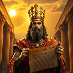 A majestic portrayal of Cyrus the Great, the founder of the Achaemenid Empire, adorned in regal Persian robes and a golden crown, standing tall amidst a backdrop of ancient Persia, with intricate architectural designs inspired by Persepolis, showcasing opulent details and rich colors
