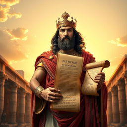 A majestic portrayal of Cyrus the Great, the founder of the Achaemenid Empire, adorned in regal Persian robes and a golden crown, standing tall amidst a backdrop of ancient Persia, with intricate architectural designs inspired by Persepolis, showcasing opulent details and rich colors