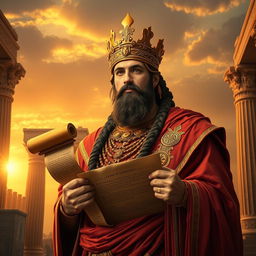 A majestic portrayal of Cyrus the Great, the founder of the Achaemenid Empire, adorned in regal Persian robes and a golden crown, standing tall amidst a backdrop of ancient Persia, with intricate architectural designs inspired by Persepolis, showcasing opulent details and rich colors