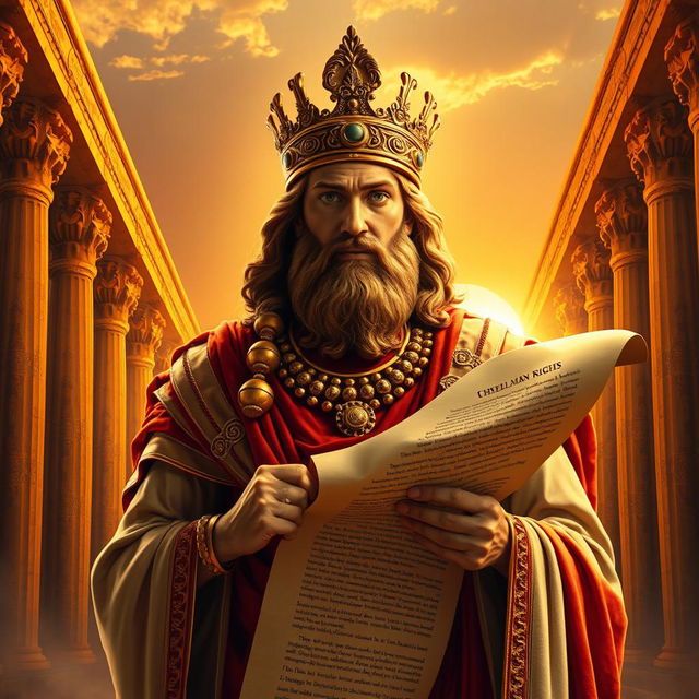 A majestic portrayal of Cyrus the Great, the founder of the Achaemenid Empire, adorned in regal Persian robes and a golden crown, standing tall amidst a backdrop of ancient Persia, with intricate architectural designs inspired by Persepolis, showcasing opulent details and rich colors