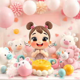 A whimsical teething party scene featuring colorful teething toys, soft pastel decorations, and a joyful atmosphere
