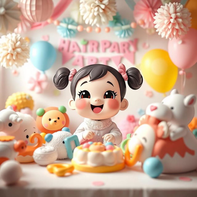 A whimsical teething party scene featuring colorful teething toys, soft pastel decorations, and a joyful atmosphere