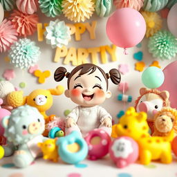 A whimsical teething party scene featuring colorful teething toys, soft pastel decorations, and a joyful atmosphere