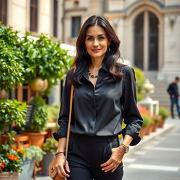 A 38-year-old woman with dark hair and distinctive Italian features, fully dressed in a fashionable and sophisticated outfit