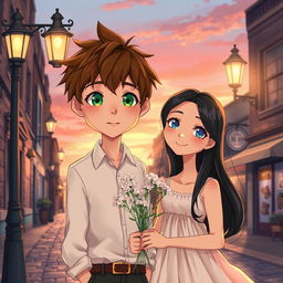 A romantic scene depicting a love story titled "At the End of the Street" featuring a tall boy with brown hair and green eyes, standing under a street lamp
