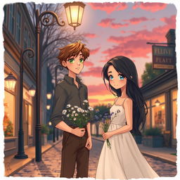 A romantic scene depicting a love story titled "At the End of the Street" featuring a tall boy with brown hair and green eyes, standing under a street lamp