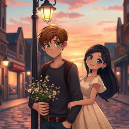 A romantic scene depicting a love story titled "At the End of the Street" featuring a tall boy with brown hair and green eyes, standing under a street lamp