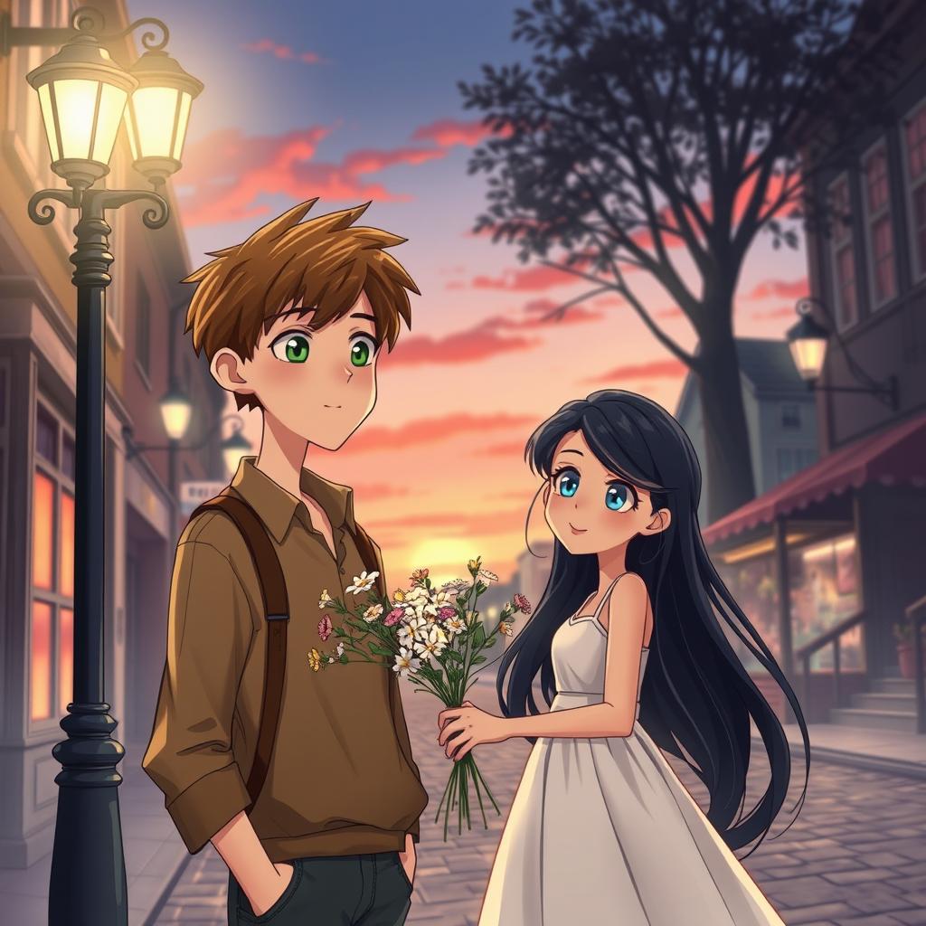 A romantic scene depicting a love story titled "At the End of the Street" featuring a tall boy with brown hair and green eyes, standing under a street lamp