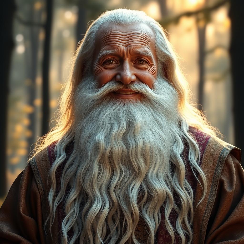 A majestic, elderly man with a long, flowing white beard that cascades down to his chest