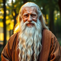 A majestic, elderly man with a long, flowing white beard that cascades down to his chest