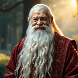 A majestic, elderly man with a long, flowing white beard that cascades down to his chest