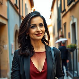 A 39-year-old woman with dark hair and striking Italian features, fully attired in stylish clothing