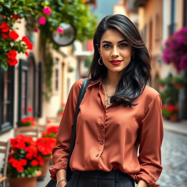 A 39-year-old woman with dark hair and distinct Italian features, completely dressed in stylish attire