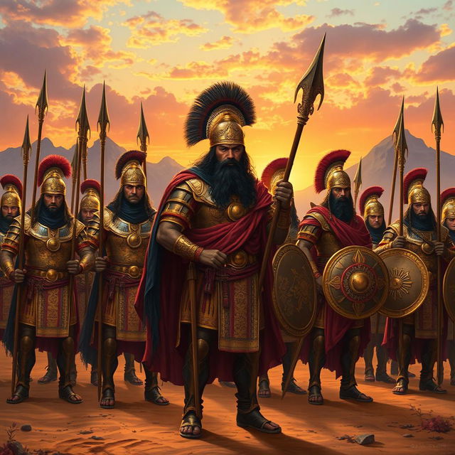 An imposing and grand scene depicting the Immortal Army of Persia, featuring a diverse group of ancient Persian soldiers clad in intricate armor, adorned with gold accents and vibrant fabrics