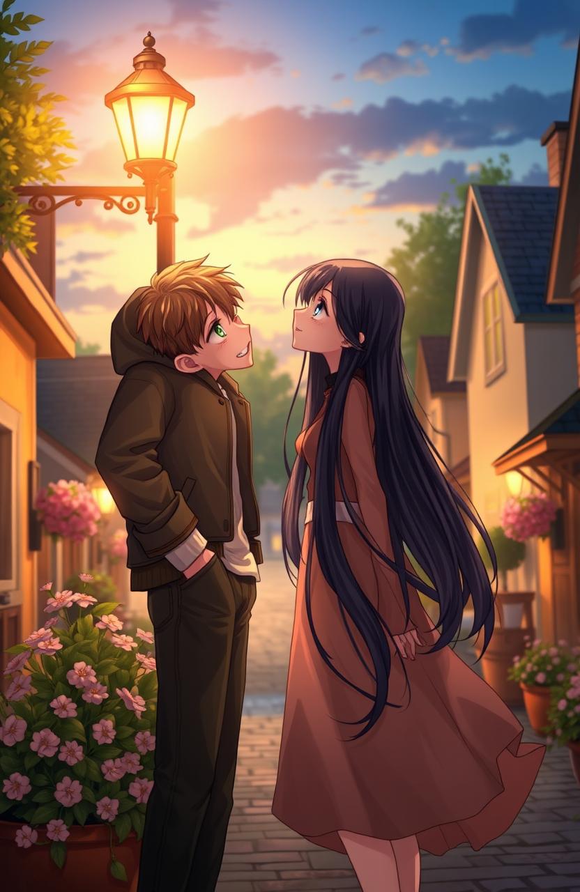 A romantic story titled 'At the End of the Street' depicting a tall boy with brown hair and green eyes standing under a streetlight at dusk, looking lovingly at a girl who has long black hair and bright blue eyes