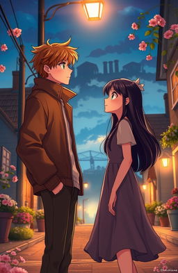 A romantic story titled 'At the End of the Street' depicting a tall boy with brown hair and green eyes standing under a streetlight at dusk, looking lovingly at a girl who has long black hair and bright blue eyes