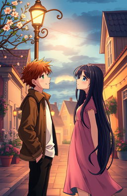 A romantic story titled 'At the End of the Street' depicting a tall boy with brown hair and green eyes standing under a streetlight at dusk, looking lovingly at a girl who has long black hair and bright blue eyes