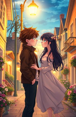 A romantic story titled 'At the End of the Street' depicting a tall boy with brown hair and green eyes standing under a streetlight at dusk, looking lovingly at a girl who has long black hair and bright blue eyes