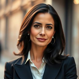 A 39-year-old woman with dark hair and Italian features, fully dressed in stylish and elegant attire