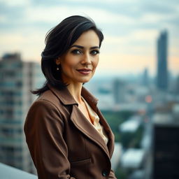 A 39-year-old woman with dark hair and Italian features, fully dressed in stylish and elegant attire