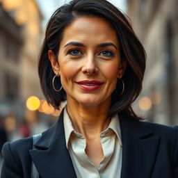A 39-year-old woman with dark hair and Italian features, fully dressed in stylish and elegant attire