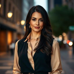A 39-year-old woman with dark hair and Italian features, fully dressed in elegant clothing