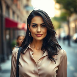 A 39-year-old woman with dark hair and Italian features, fully dressed in elegant clothing