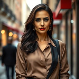 A 39-year-old woman with dark hair and Italian features, fully dressed in elegant clothing