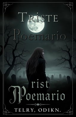 A gothic-themed book cover design for a poetry collection titled 'Triste Poemario', featuring a solitary man against a dark, eerie landscape