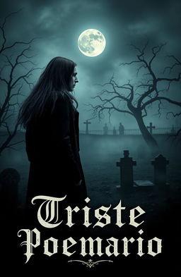 A gothic-themed book cover design for a poetry collection titled 'Triste Poemario', featuring a solitary man against a dark, eerie landscape