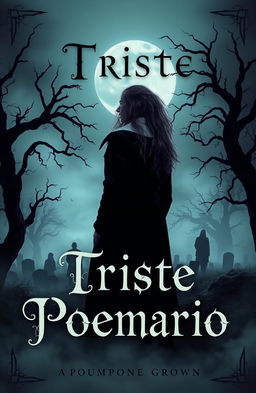 A gothic-themed book cover design for a poetry collection titled 'Triste Poemario', featuring a solitary man against a dark, eerie landscape