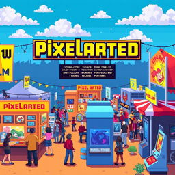 A vibrant and colorful pixel art festival named "Pixelarted", showcasing various pixel art styles and 8-bit principles