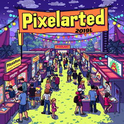 A vibrant and colorful pixel art festival named "Pixelarted", showcasing various pixel art styles and 8-bit principles