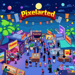 A vibrant and colorful pixel art festival named "Pixelarted", showcasing various pixel art styles and 8-bit principles