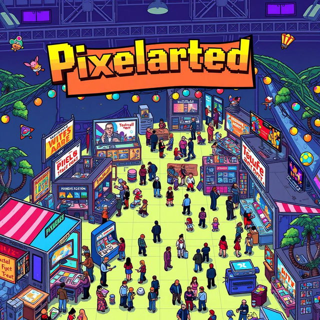 A vibrant and colorful pixel art festival named "Pixelarted", showcasing various pixel art styles and 8-bit principles